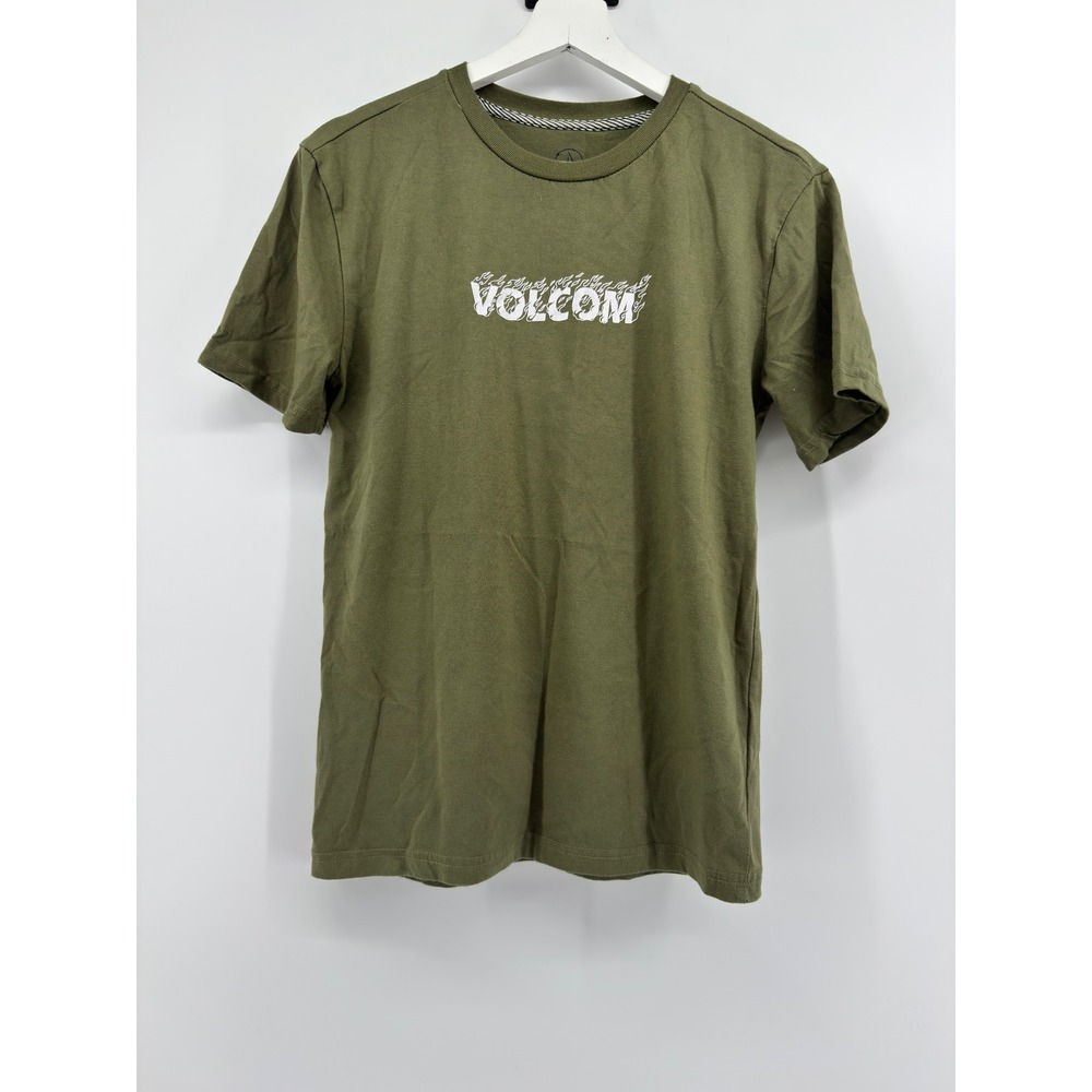 Volcom Boys XL 16 Olive Green Flaming Logo Graphic Short Sleeve T-Shirt Skate